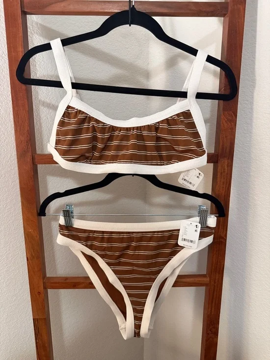 Free People Movement KYA Marlow Top (XL) & Josie Bottom (L)Toffee Stripe Bikini - Picture 1 of 8